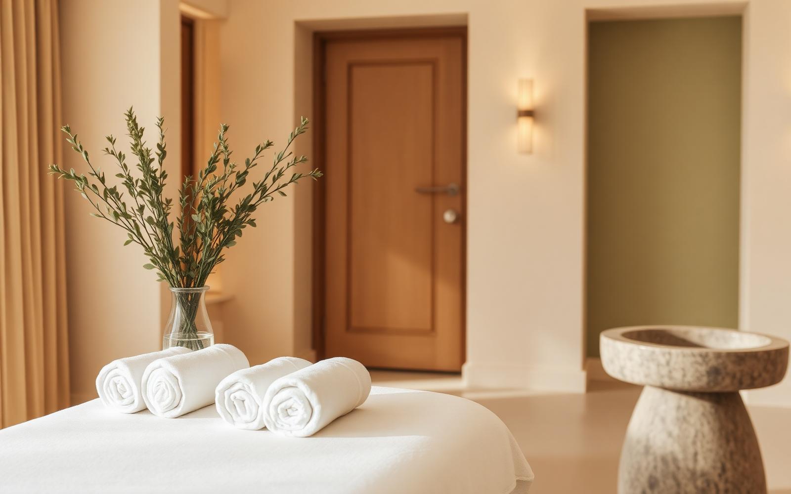 Interior sereno de um SPA com toalhas brancas e tons naturais